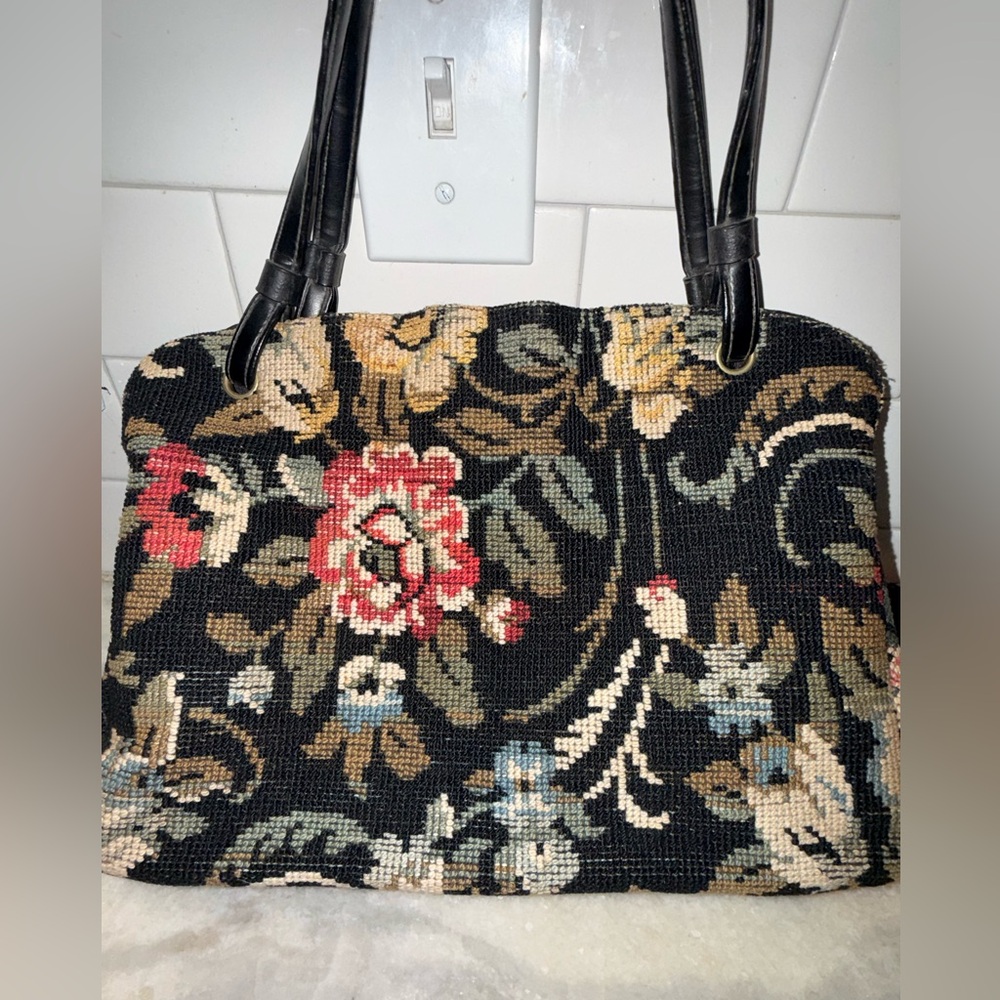 Vintage Black Floral Needlepoint Tote Bag - Classic Women's Handbag